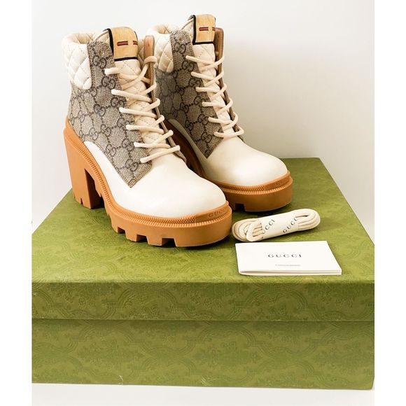 Gucci Shoes - Gucci Boots GG Supreme Apollo Lug Sole Tan White Leather Tan Canvas Size 37.5, U